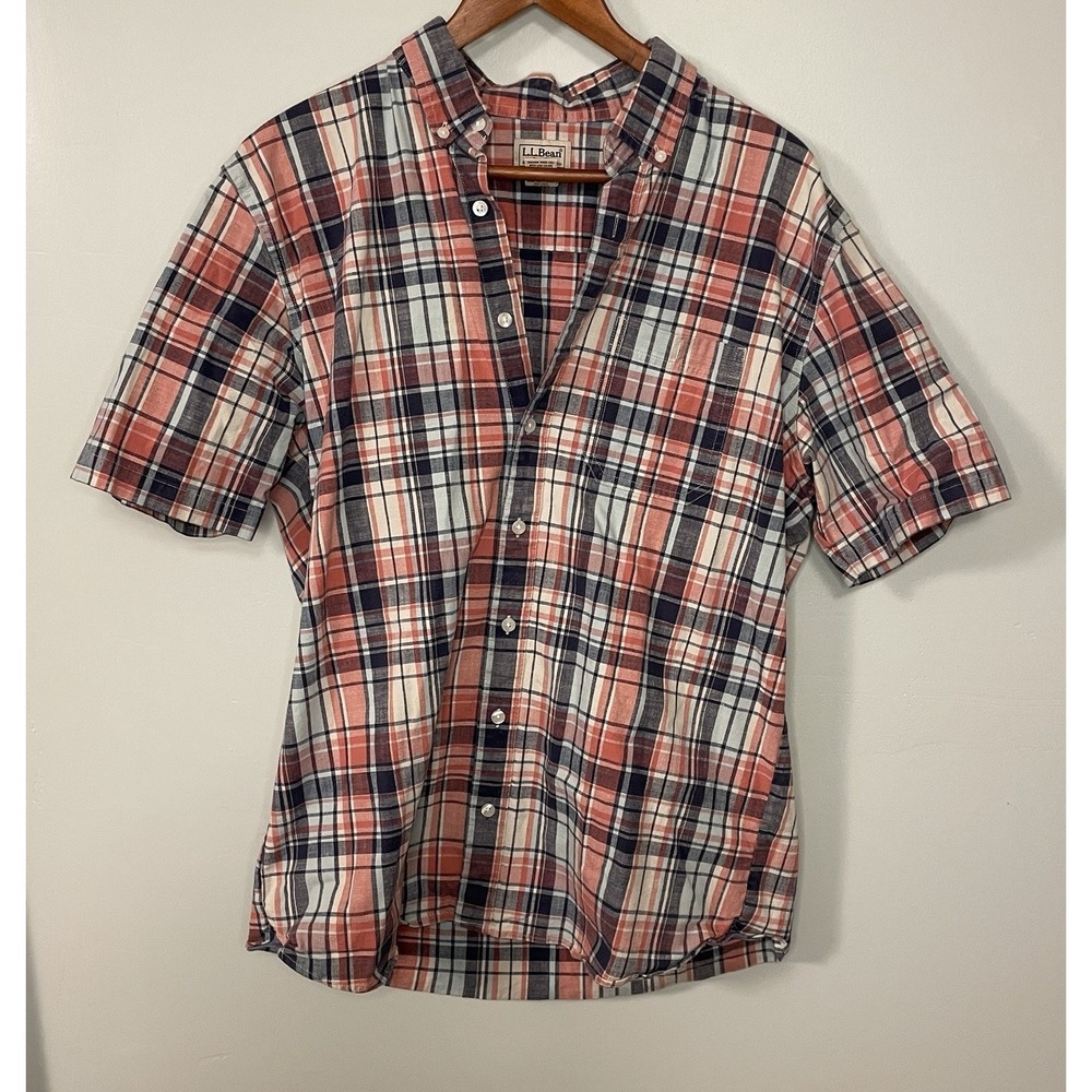 LL Bean Mens Short Sleeve Shirt Size M Tall Pink Blue Plaid
